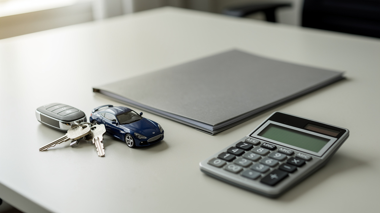 Tableau de budget automobile sur un bureau avec des clés de voiture, un dossier de financement auto et une calculatrice, éclairage naturel et vue nette.