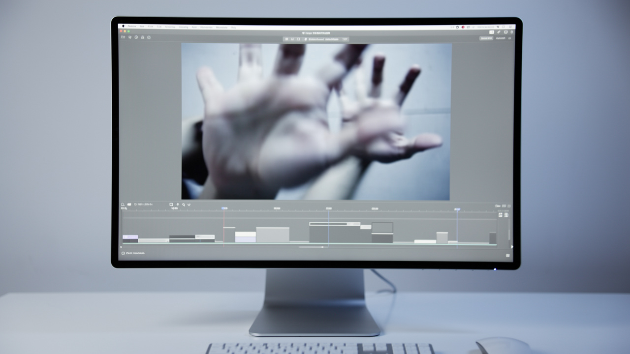 Gros plan d’un écran affichant une vidéo analysée image par image, avec des formes de mains déformées et une interface sobre aux tons gris bleutés.