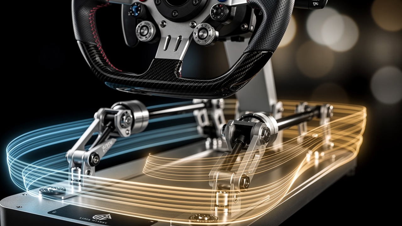 Gros plan éditorial sur un volant à entraînement direct et des vérins sous un cockpit de sim racing, avec des traînées lumineuses suggérant le tangage et le lacet.