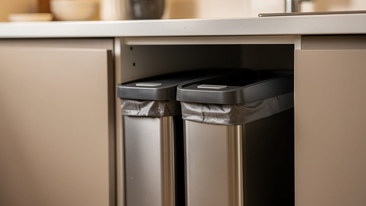 Vue rapprochée d’une poubelle de cuisine à double compartiment avec deux bacs de tri et des sacs adaptés, intégrée dans un aménagement fonctionnel.